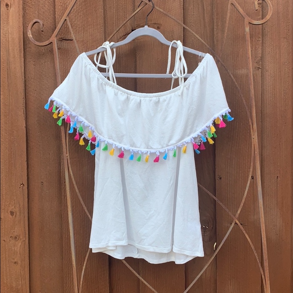 White Off the Shoulder Shirt with Colored Tassels
